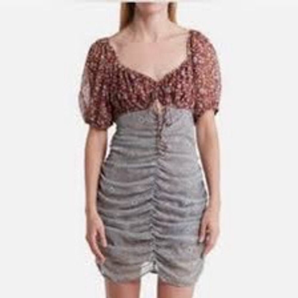 Free People Tessa Storm Combo Boho Floral Print Ruched Mini Dress Size Small